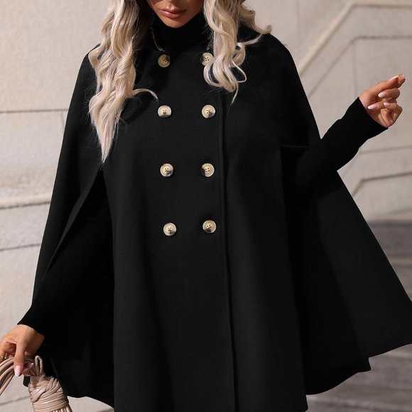 Black Casual Womens Double Breasted Cloak Sleeve Cape Overcoat - Picture 2 of 5
